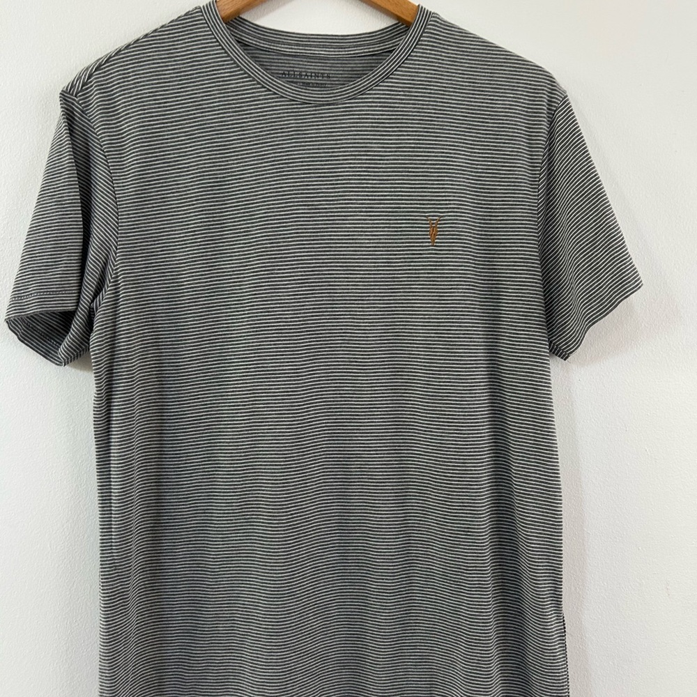 Mens All Saints Black Grey Stripe T-Shirt Size L